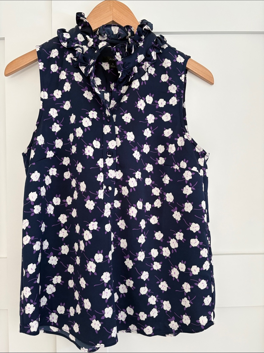 JCrew Sleeveless Navy Floral Ruffle-Neck Blouse